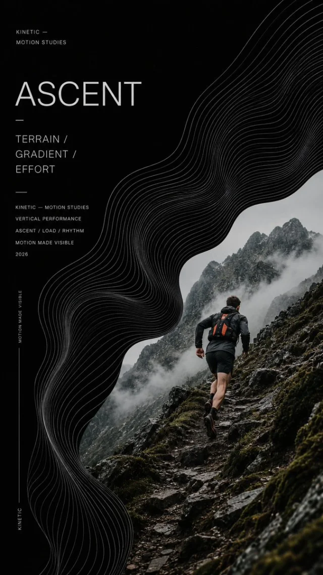 A 9:16 black-background sports editorial poster of a trail runner with continuous flowing terrain lines tracing the motion.