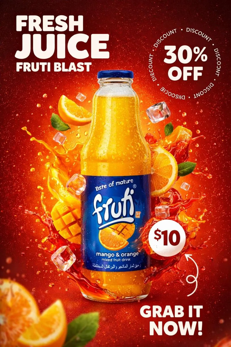 A fresh juice product poster variation showing a condensation-covered bottle surrounded by colored liquid splash, ingredients, ice, and promotional text elements.