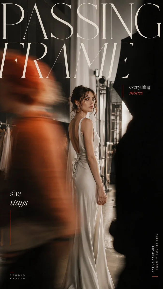 A Layered Presence poster titled PASSING FRAME showing a sharp woman in a white dress surrounded by blurred foreground figures and motion trails in an editorial backstage scene.