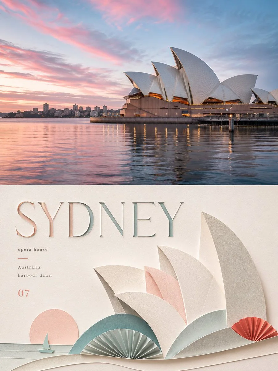 A 3:4 poster with Sydney Opera House photo on top and an origami paper-sculpture version of the sails with SYDNEY typography below.
