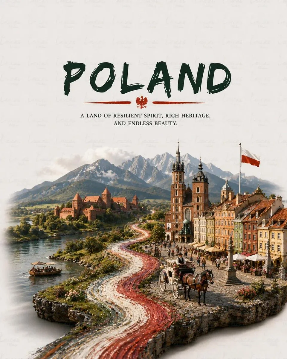 A travel poster variation showing the seamless blend of flat title background and photorealistic scenic landscape.