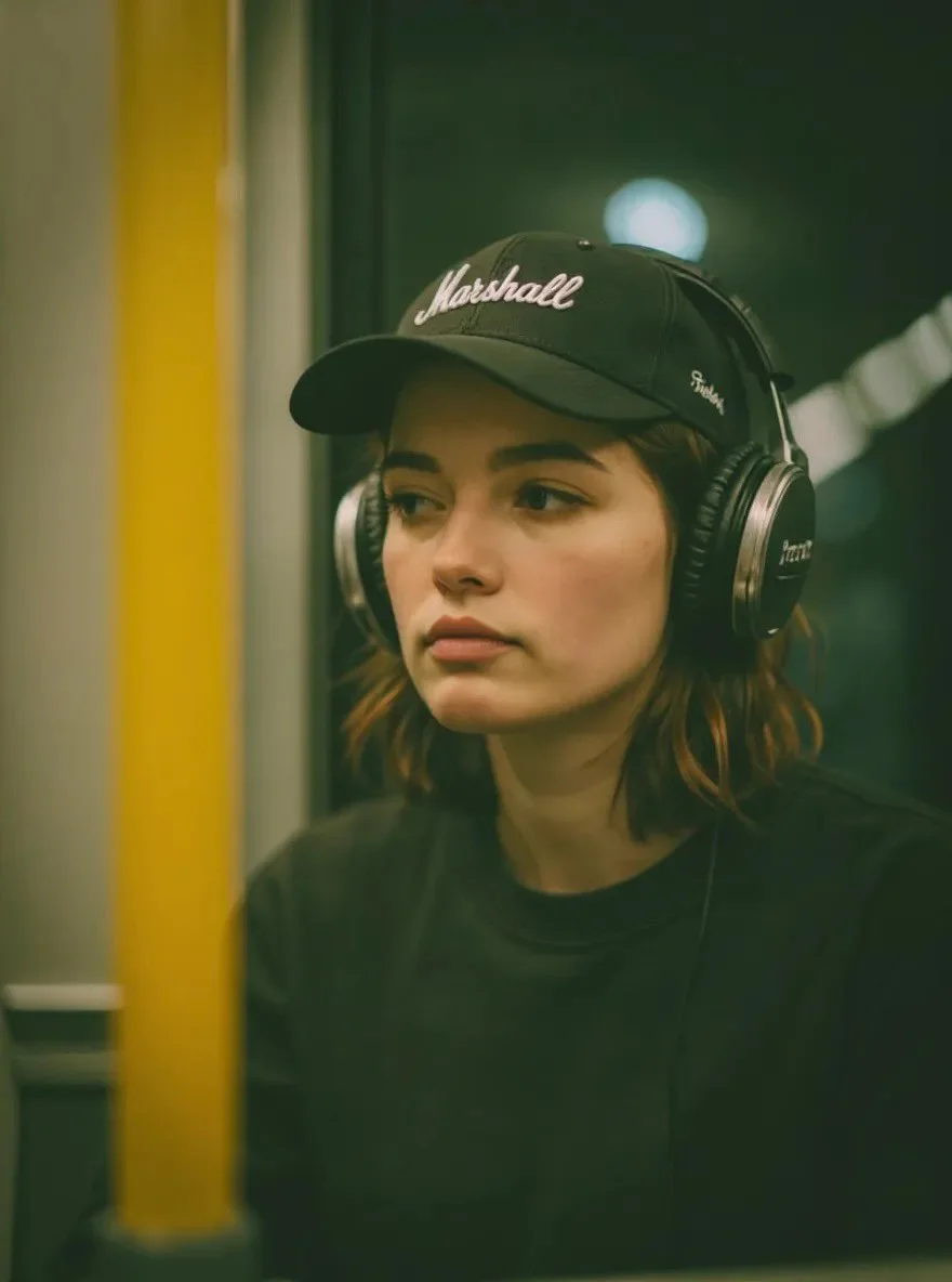 A cinematic radio booth portrait of a young woman wearing a black cap, professional headphones, and dark sweatshirt, viewed through glass with yellow foreground frame and soft bokeh lights.