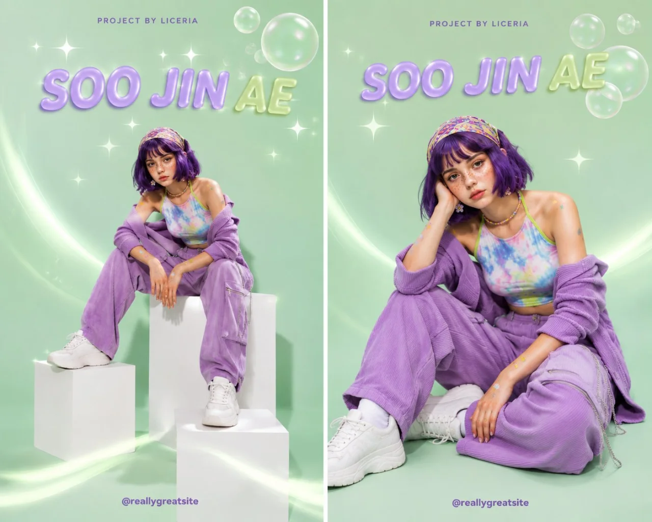 A premium Y2K fashion poster of a young woman with a purple bob on a mint-green background with glossy 3D pastel WAREEN typography, bubbles, and star decals.