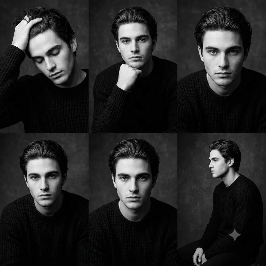 A 2×3 grid of black-and-white studio portraits of a young man with slicked-back dark hair wearing a black chunky waffle-knit sweater, shown in six moody poses.