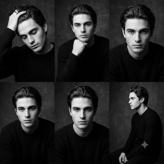 A 2×3 grid of black-and-white studio portraits of a young man with slicked-back dark hair wearing a black chunky waffle-knit sweater, shown in six moody poses.
