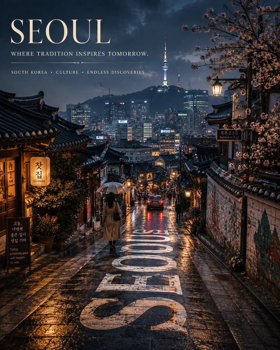 A premium cinematic Seoul travel poster at blue hour, showing traditional hanok rooftops, Namsan tower skyline, cherry blossoms, wet street reflections, and giant SEOUL lettering integrated into the road.