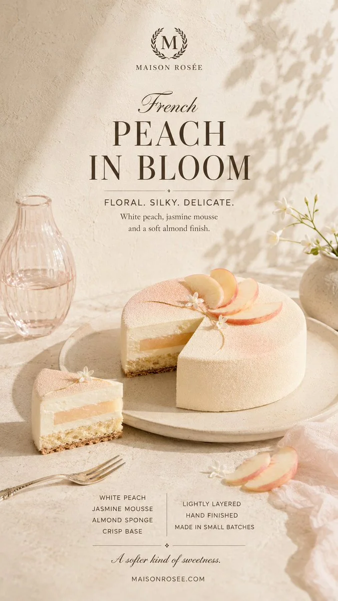 Premium French pâtisserie poster variation featuring a white peach jasmine mousse with refined restaurant-brand layout.