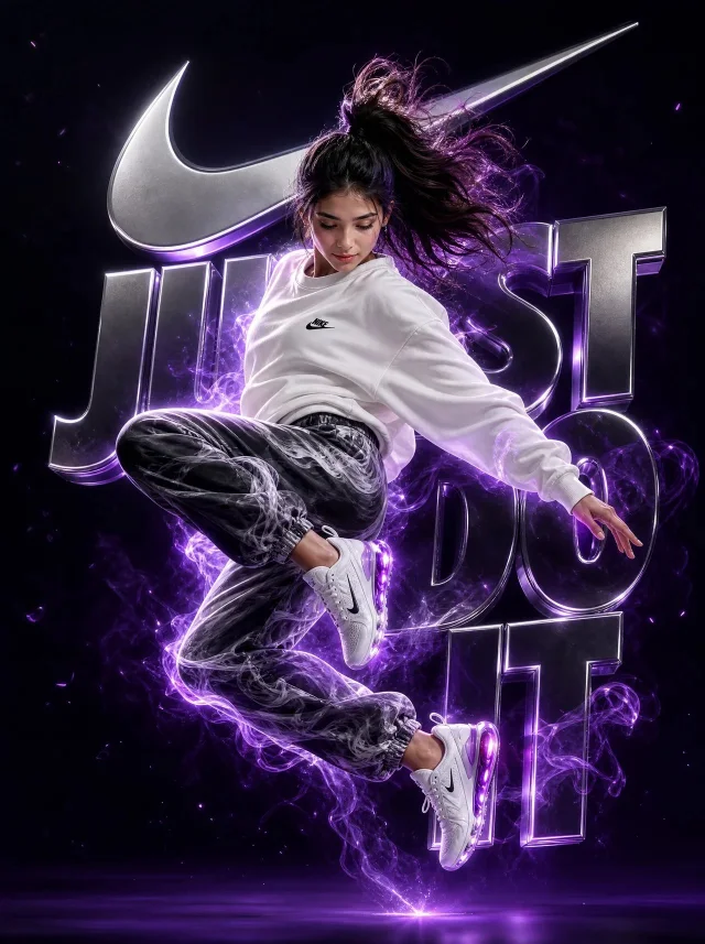 A cinematic sports fashion poster of a young woman suspended in a mid-air dance jump, wearing a white sweatshirt and smoky marble joggers, surrounded by glowing purple energy and chrome JUST DO IT typography.