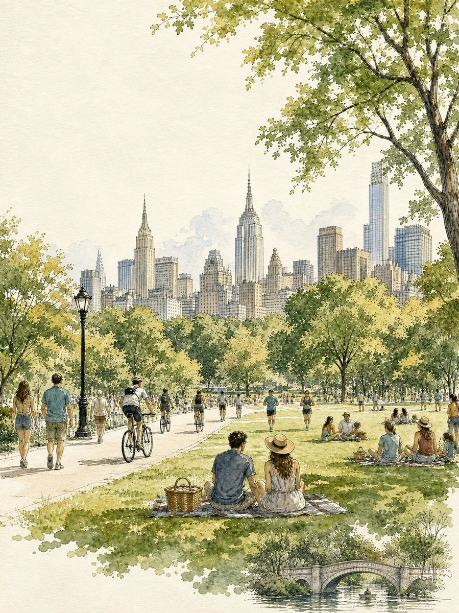 A second 4:5 vintage park travel illustration with skyline, watercolor washes and leafy trees.