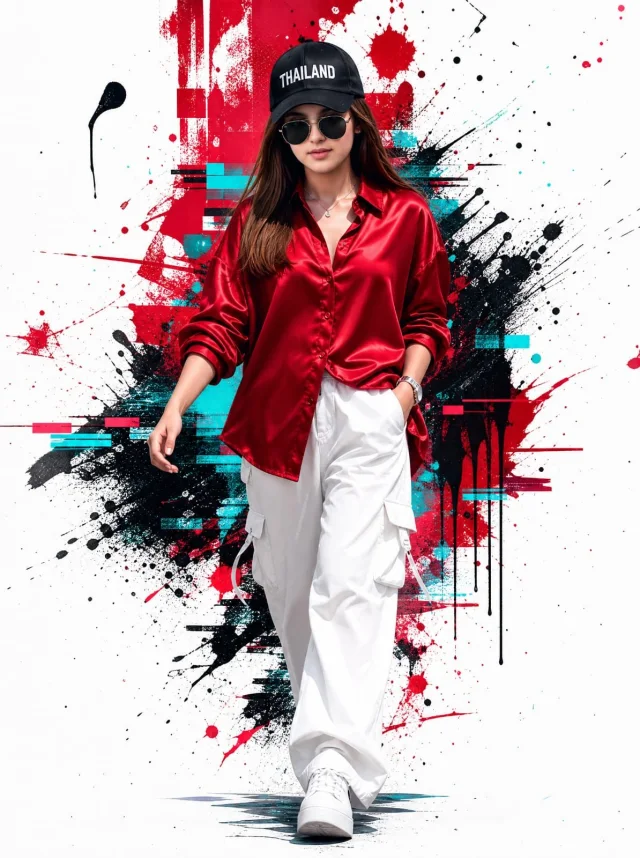 Thai streetwear fashion editorial poster with a woman in a red satin shirt, white cargo pants, sunglasses, and THAILAND cap in front of dynamic paint splashes.