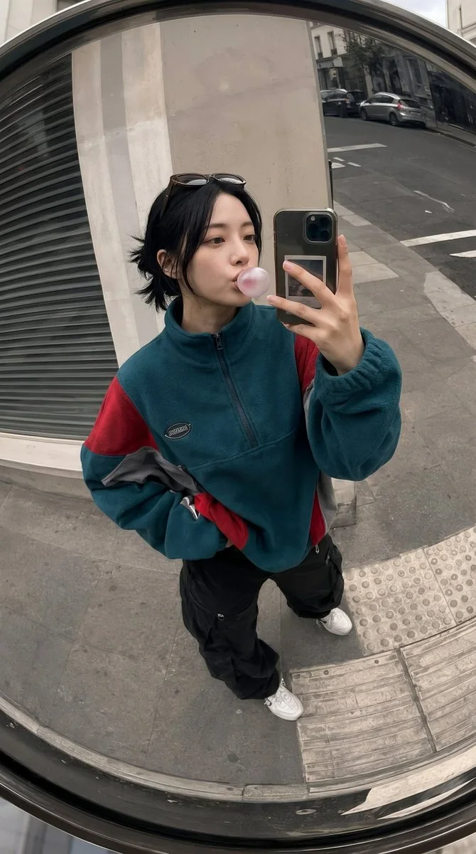 A realistic vertical convex street mirror selfie of a woman in an oversized deep-teal fleece with red and grey panels, black cargo trousers, holding a phone near her face while blowing a pink gum bubble on an overcast city sidewalk.