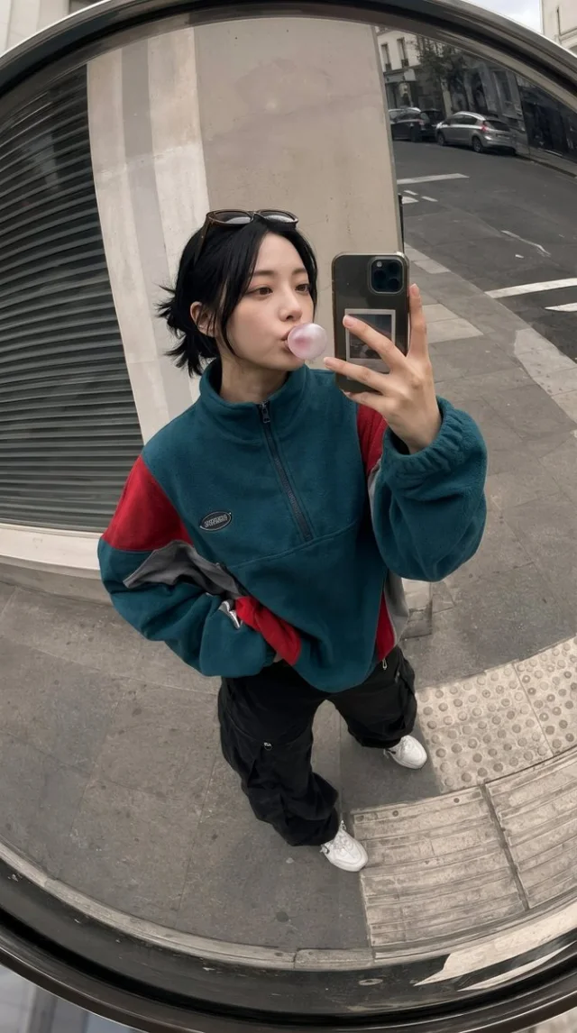 A realistic vertical convex street mirror selfie of a woman in an oversized deep-teal fleece with red and grey panels, black cargo trousers, holding a phone near her face while blowing a pink gum bubble on an overcast city sidewalk.