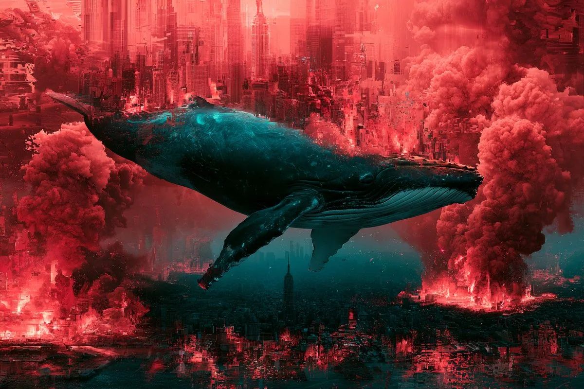A red whale/city surreal collage with heavy compression artifacts and dreamlike atmosphere.