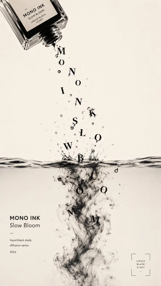 A 9:16 experimental poster where an ink bottle pours letters into a black ink diffusion with swirling typography.