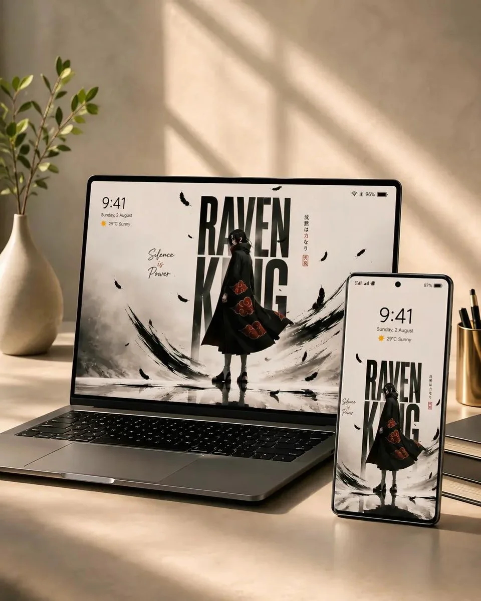 A premium product mockup of an open laptop and standing smartphone on a warm beige desk, both displaying the same anime shinobi poster.