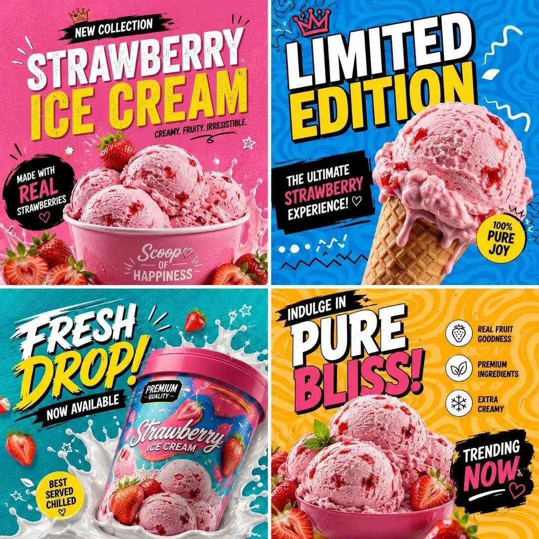 A bold pop-art 1:1 product campaign grid divided into colorful square sections with a centered hero product and playful Memphis-style graphics.