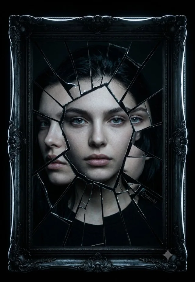 A dark cinematic shattered-mirror portrait where one face is fractured across dozens of broken mirror shards in an ornate dark baroque frame with a cold key light.
