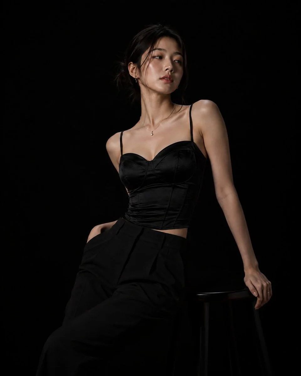 A seated low-key black studio portrait of the woman in black satin corset top and tailored trousers, looking off-camera with editorial lighting.