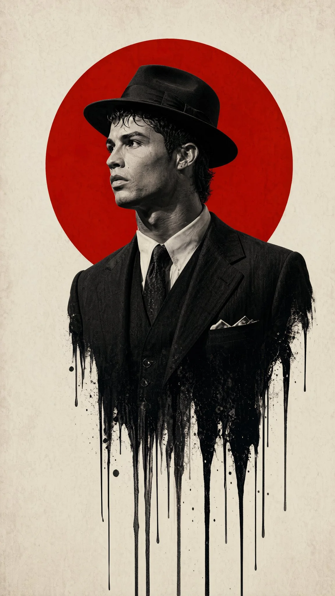 A film-noir vertical poster of a 1940s fedora man in profile whose lower body melts into black ink drips, set against a vibrant red circle on off-white paper.