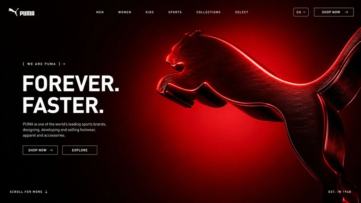 Photorealistic premium website hero section variation with editorial typography, navigation bar, call-to-action buttons, and a cropped 3D logo object.