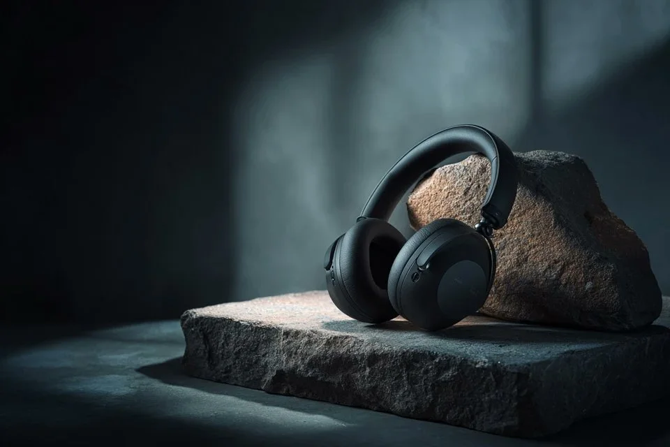 A premium studio product shot of headphones on a gradient background with shallow depth of field.