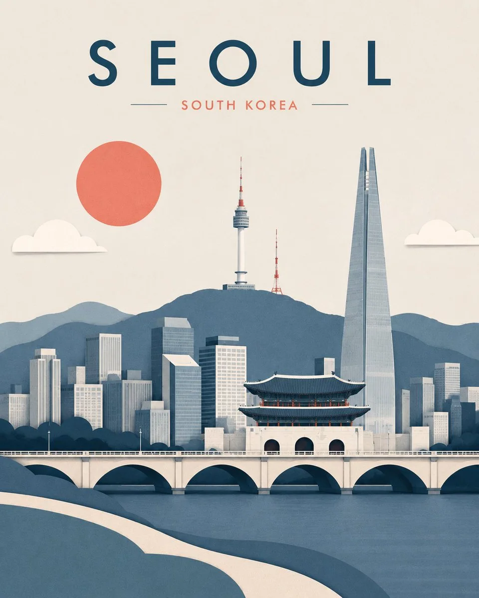 A modern travel magazine-style cutout illustration poster with simplified architectural masses, blue palette, and refined negative space.