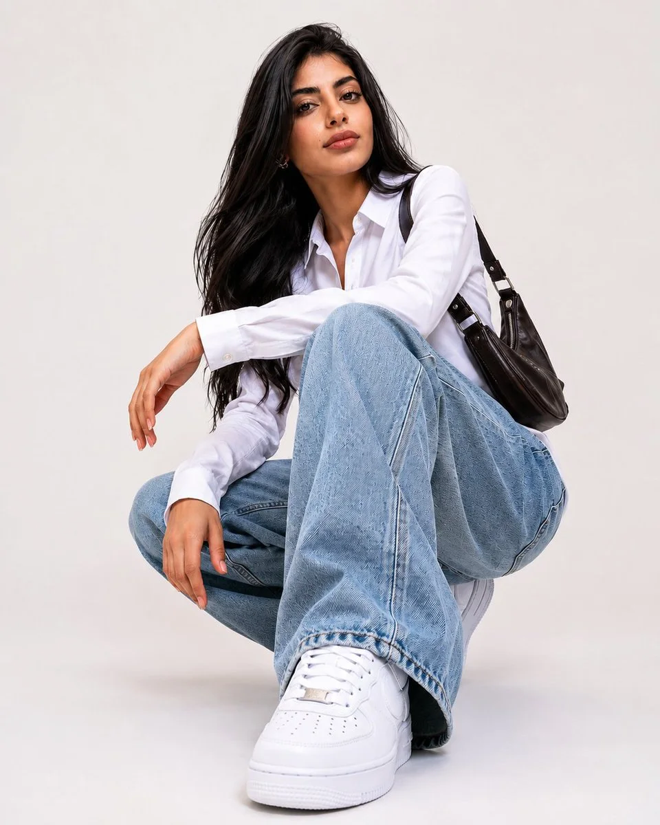 A low-angle streetwear editorial portrait of a long-haired model crouching in a white shirt, light-wash jeans, white sneakers, and dark leather shoulder bag, photographed on a clean warm-white studio cyclorama.