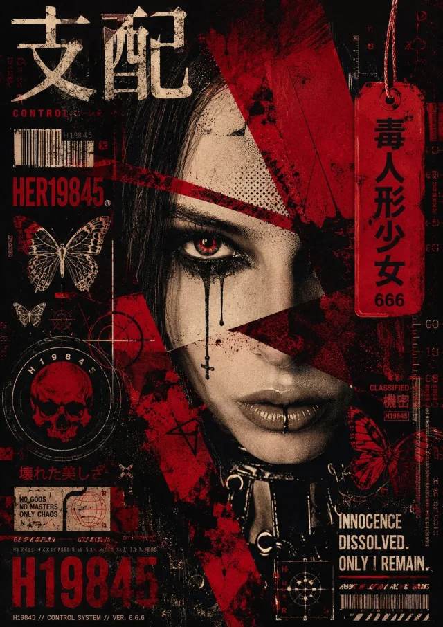 A chaotic grunge-punk cyber-goth collage poster with a fragmented model face, red diagonal bands, Japanese kanji, barcode, skull, and worn screen-print grain.