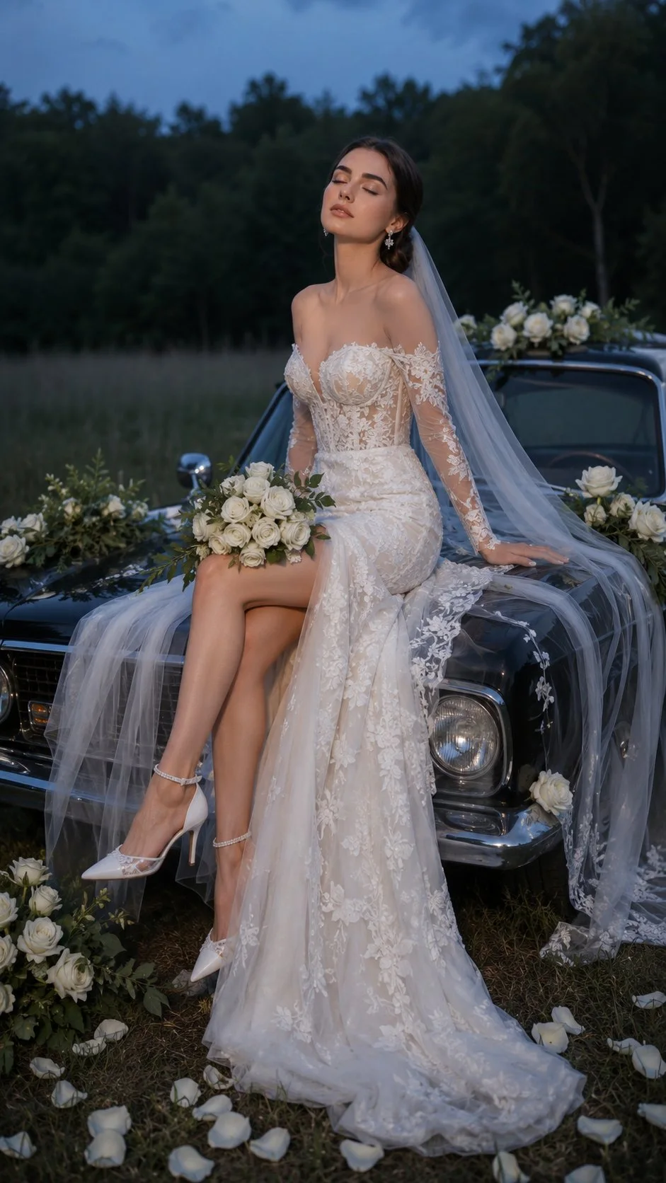Luxury blue-hour bridal editorial portrait showing a bride in a lace wedding gown sitting on a decorated vintage black sedan in a meadow.