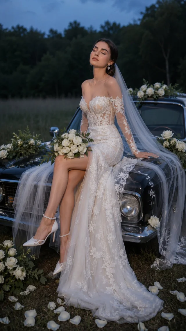 Luxury blue-hour bridal editorial portrait showing a bride in a lace wedding gown sitting on a decorated vintage black sedan in a meadow.