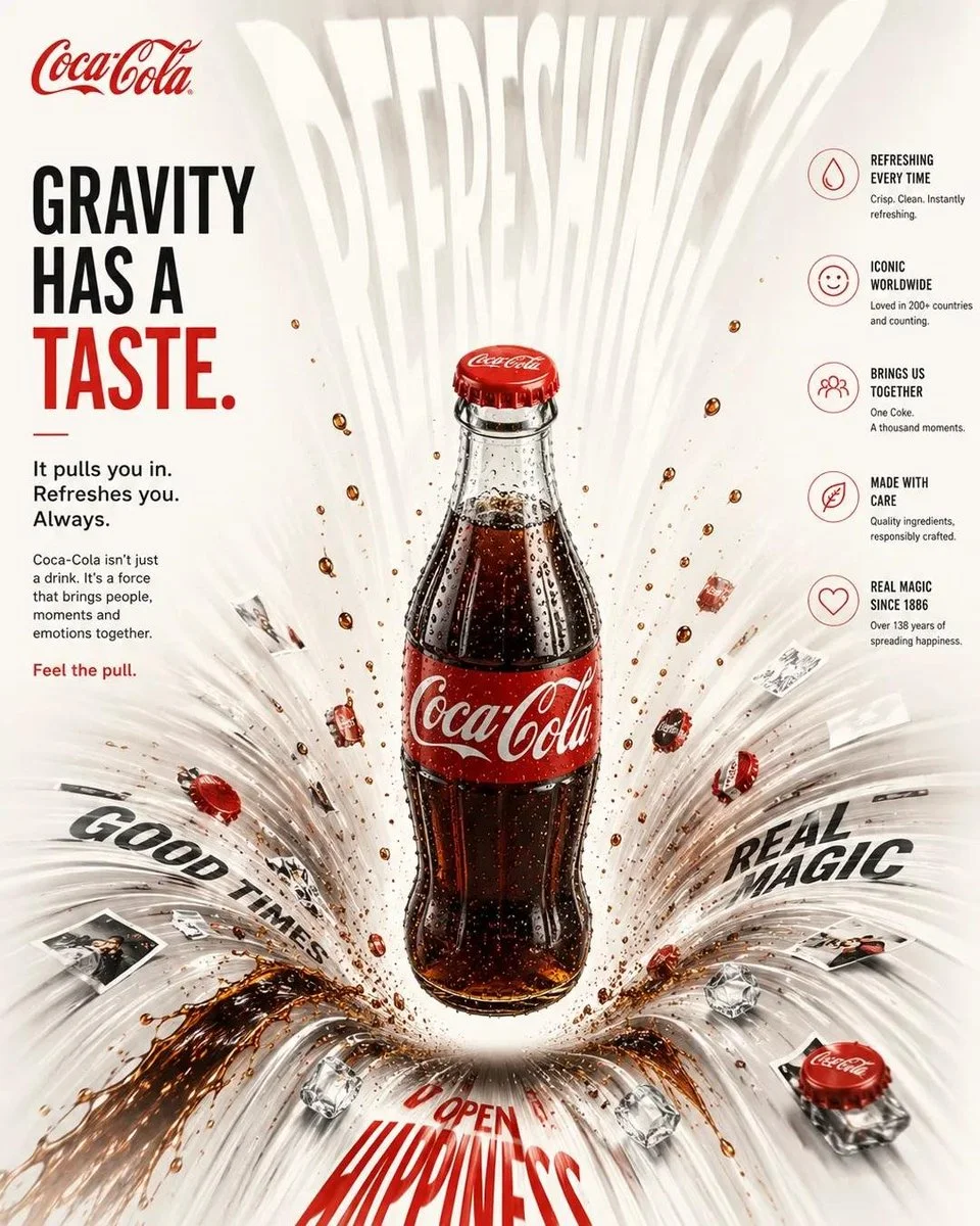 A minimal high-impact product poster variation showing a central hero with surrounding elements bent into orbital trajectories.