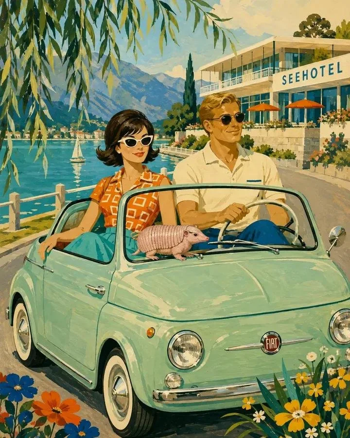 A mid-century lakeside travel-ad illustration of a couple driving a mint Fiat convertible with a small armadillo, hotel and mountain lake scenery, flowers, and sunlit gouache texture.