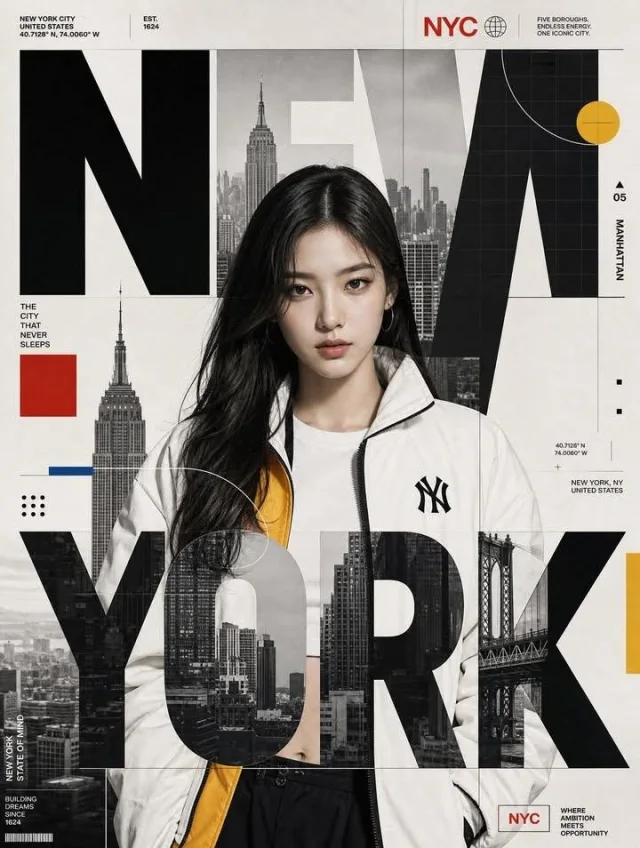 A premium Swiss-style NEW YORK poster with a photorealistic Korean female idol integrated into giant black geometric typography, Manhattan skyline elements, red/yellow/blue accents, and editorial grid details.