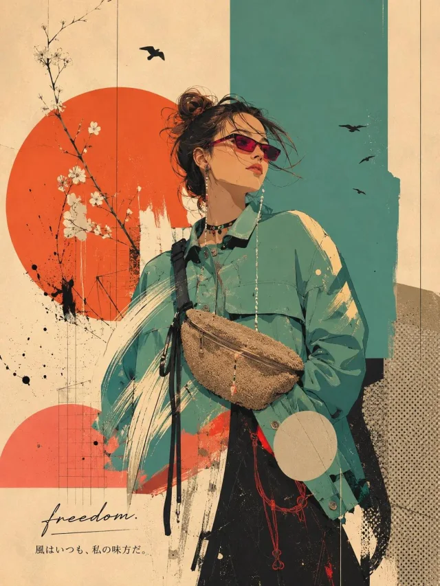 A flat pop graphic editorial poster of a fashion-styled woman with teal jacket, red sun, birds, flowers, geometric color blocks, handwritten word “freedom,” and Japanese phrase.