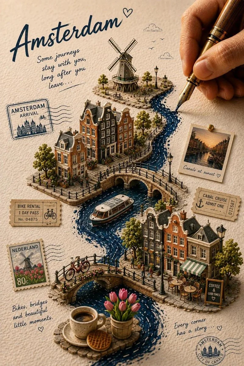 Handcrafted travel journal poster variation showing a city travel flat-lay with fountain pen, landmarks, and memorabilia.