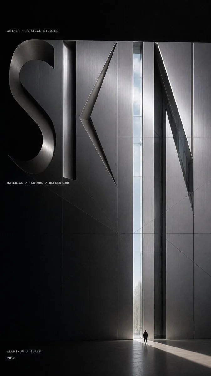 An experimental architectural poster where the word SKIN is formed from layered concrete/glass materials with surface topology lines and a tiny human for scale.