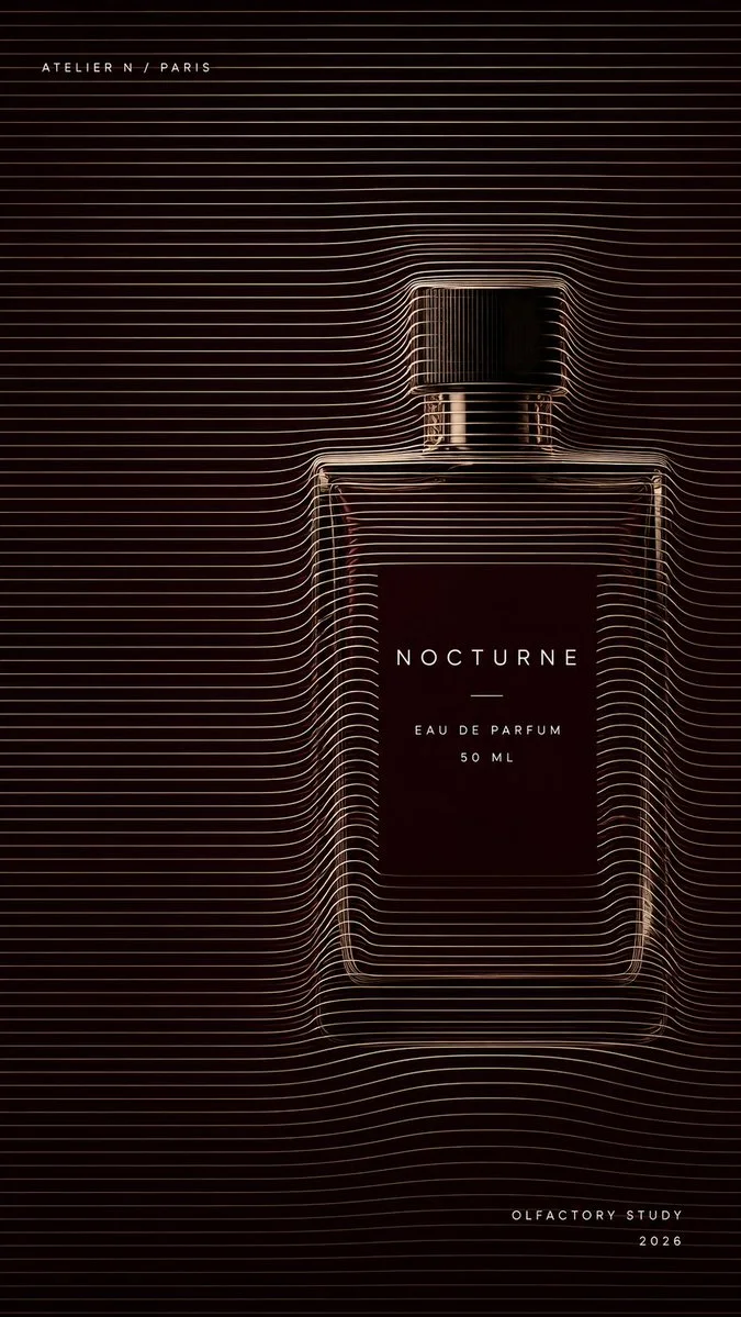 A dark NOCTURNE perfume poster where fine warm raster lines wrap around a rectangular bottle, with minimal eau de parfum typography and editorial layout.