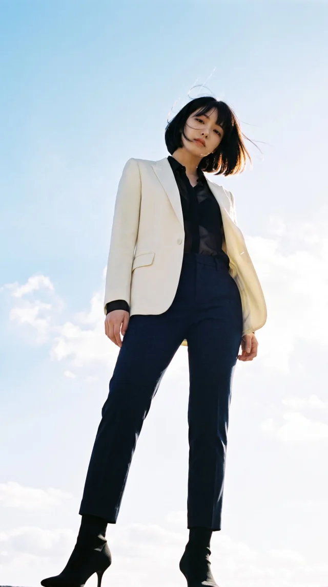 A realistic vertical low-angle portrait of a young woman in an ivory blazer and dark trousers standing against a blue sky with cumulus clouds, windblown hair, strong backlight, rim glow, and warm color-negative film look.