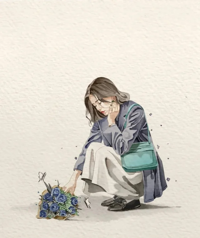 A minimalist watercolor illustration of a young woman on ivory paper with pastel palette, butterflies, and lots of negative space.