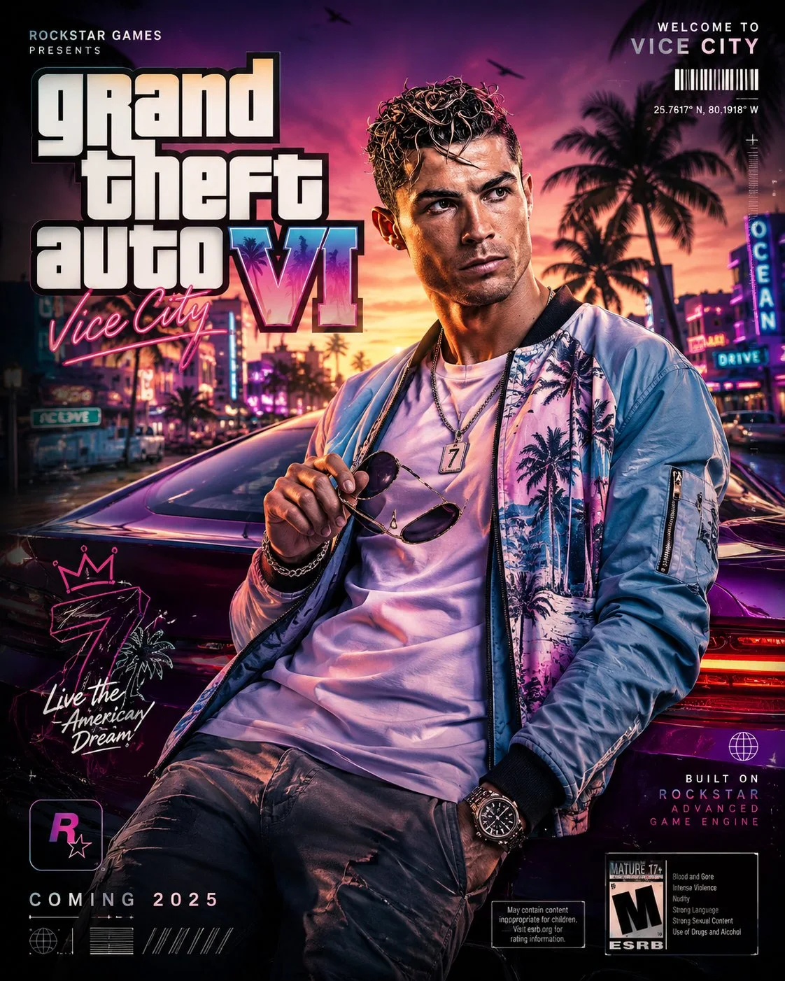 A 4:5 GTA VI-style cinematic portrait poster with neon tropical city vibes, a "Grand Theft Auto VI" title, and a confident street-luxury fashion pose.