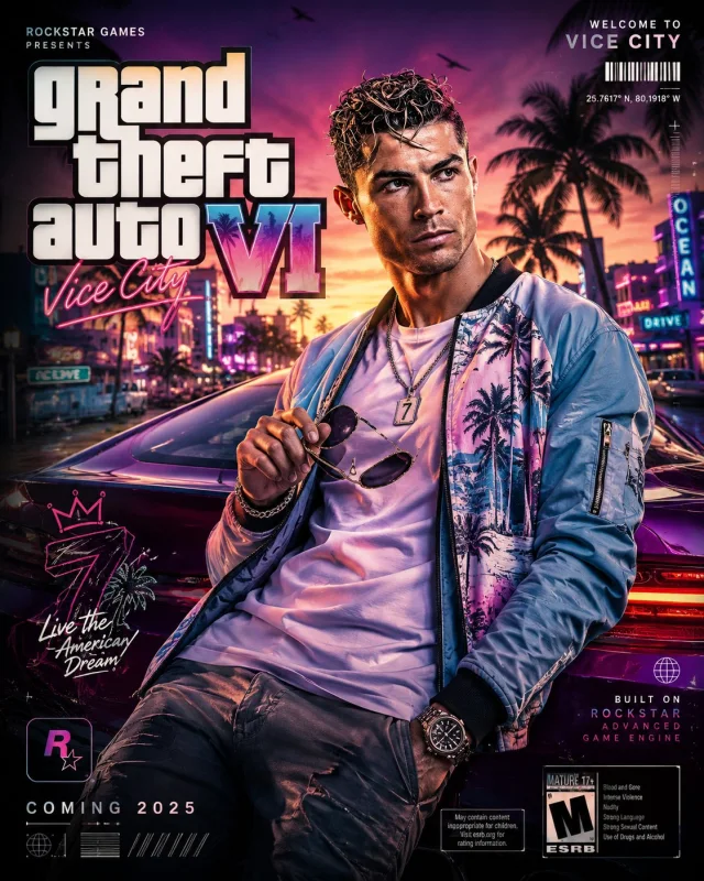 A 4:5 GTA VI-style cinematic portrait poster with neon tropical city vibes, a "Grand Theft Auto VI" title, and a confident street-luxury fashion pose.