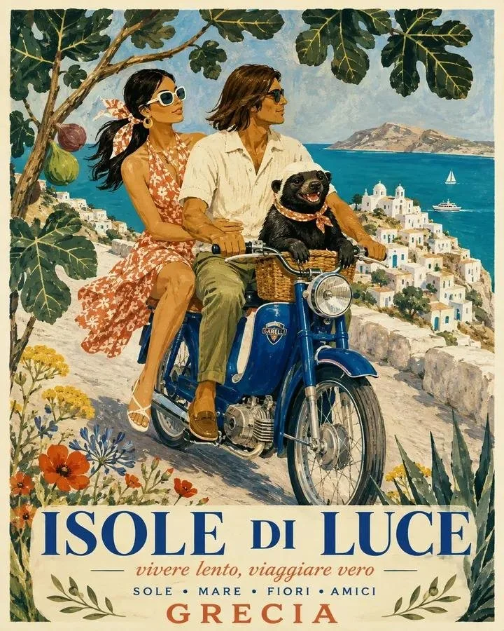A mid-century Greek island travel-ad illustration of a stylish couple riding a blue motorcycle with a small dog in the basket, coastal village scenery, fig leaves, flowers, and gouache texture.