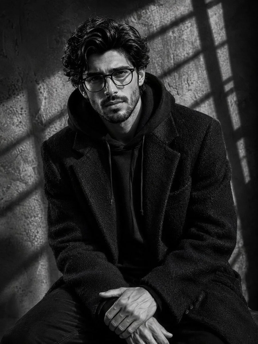 An ultra-realistic monochrome studio portrait of a rugged bearded man in an oversized black hoodie with matte black sunglasses against a seamless black backdrop.