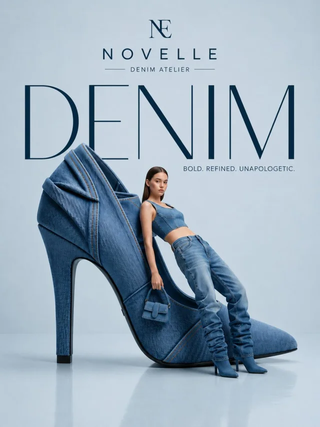 A luxury denim atelier editorial advertisement with a model in denim leaning beside a massive blue denim stiletto sculpture, pale blue-gray studio, reflective floor and large DENIM typography.
