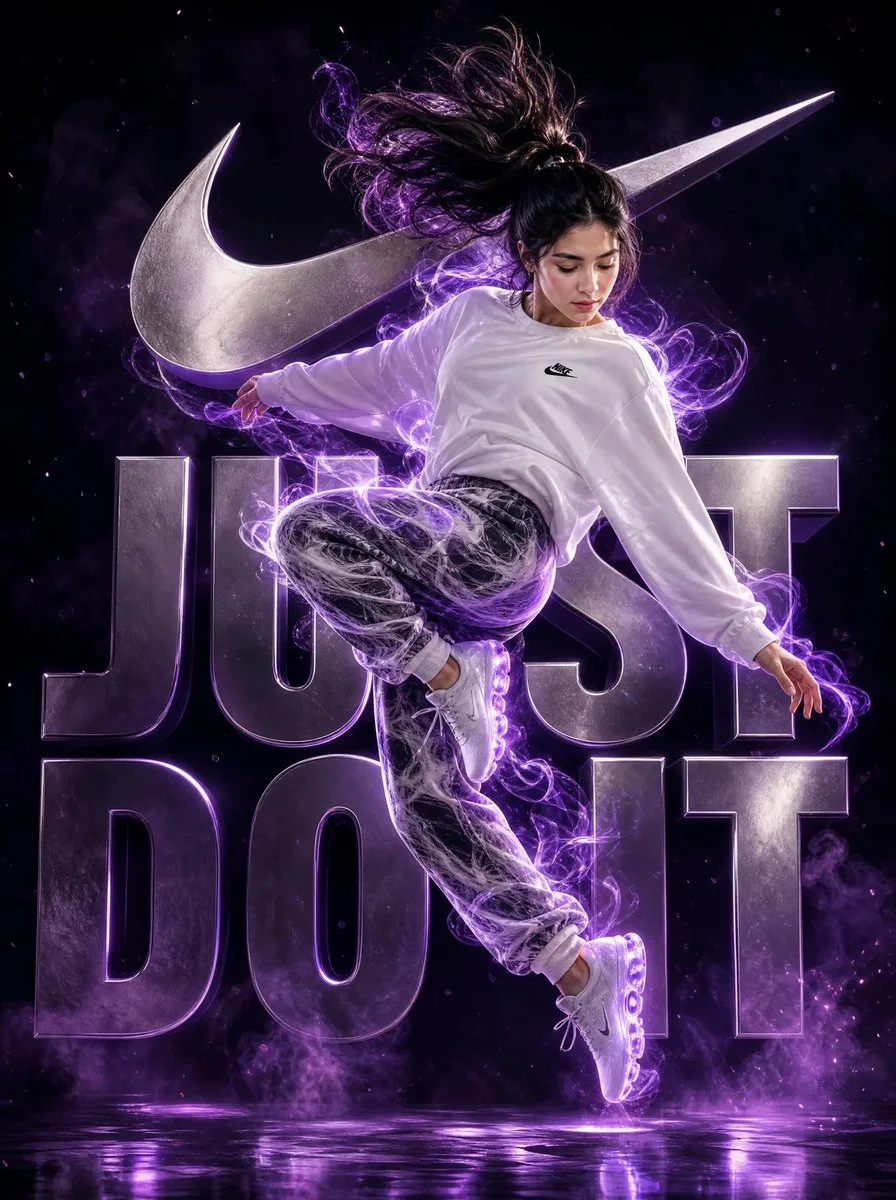 A vertical sports fashion poster variation with a woman jumping in front of chrome campaign typography, purple smoke energy, and dramatic black-to-purple lighting.