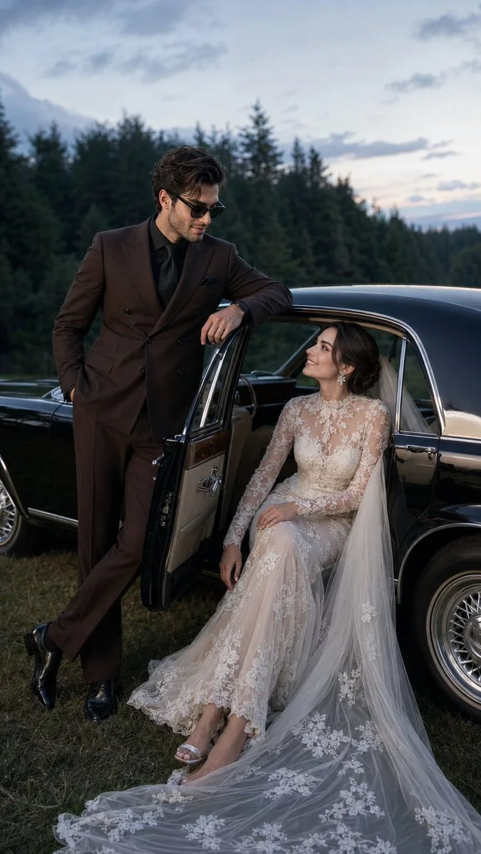 Luxury blue-hour pre-wedding portrait showing a groom by the open door of a vintage black sedan while the bride sits inside with her veil draped onto the meadow.