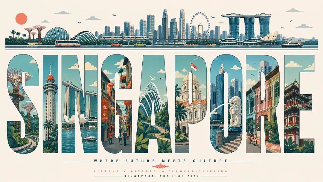 A typography-based travel poster for Singapore, with giant letters filled by illustrated city scenes, skyline strip, landmarks, transit, boats, and editorial vector styling.