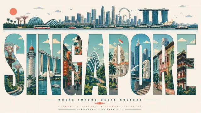 A typography-based travel poster for Singapore, with giant letters filled by illustrated city scenes, skyline strip, landmarks, transit, boats, and editorial vector styling.