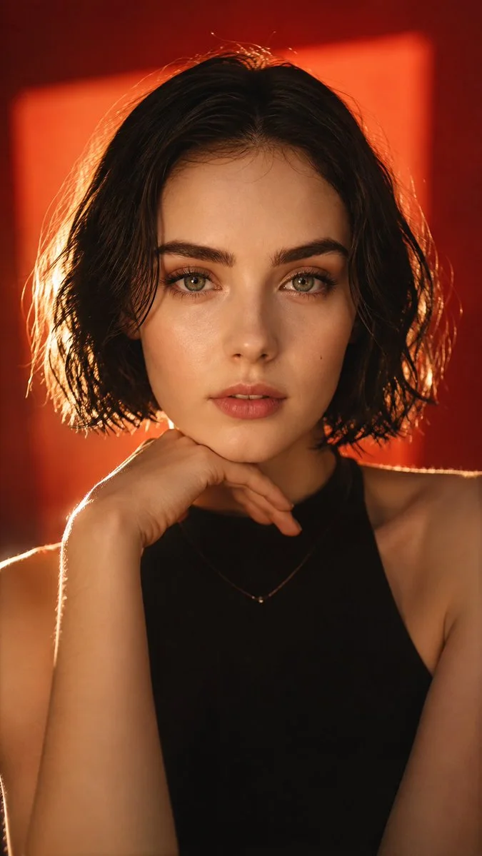 Vertical studio fashion portrait variation of the same woman in a black sleeveless top against a crimson-red and orange-lit background.