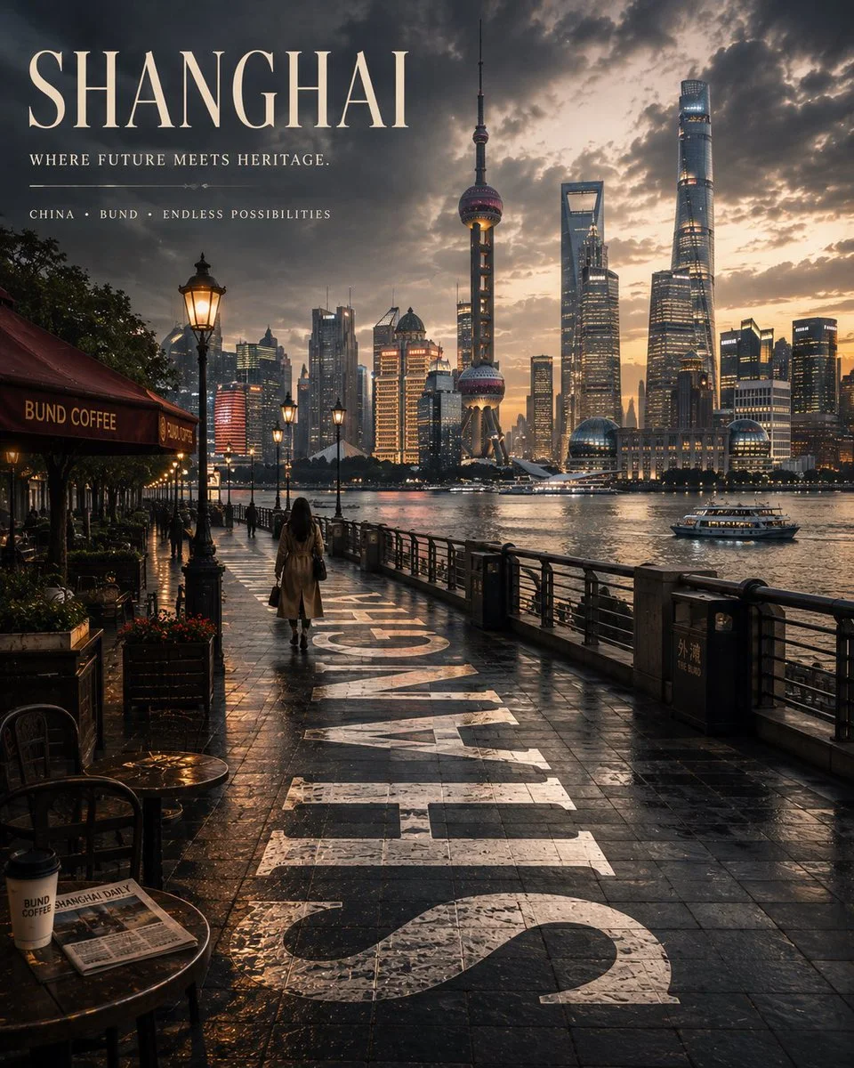 A premium cinematic Shanghai travel poster at dramatic dusk, showing the Bund waterfront, futuristic skyline and Oriental Pearl Tower, wet promenade, café foreground, and giant SHANGHAI lettering integrated into the pavement.